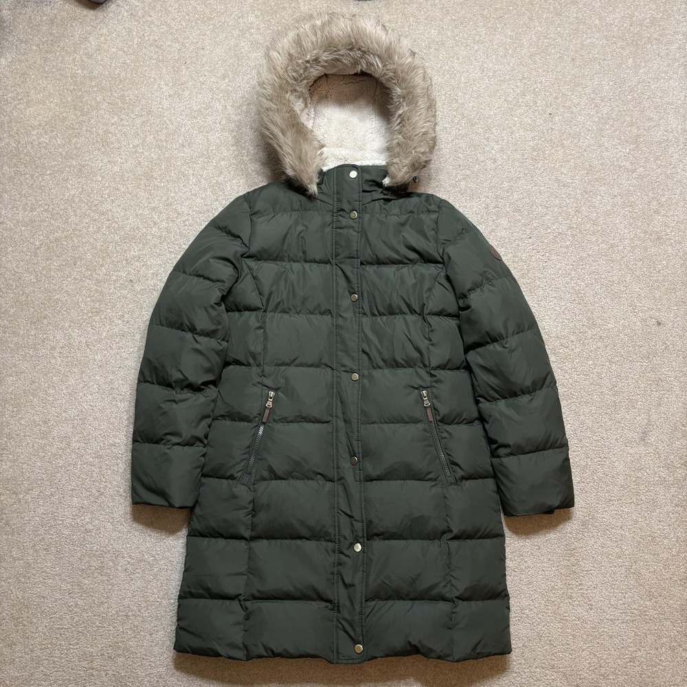 Lauren Ralph Lauren Puffer Coat Womens M Green Hooded Faux Fur Jacket Equestrian
